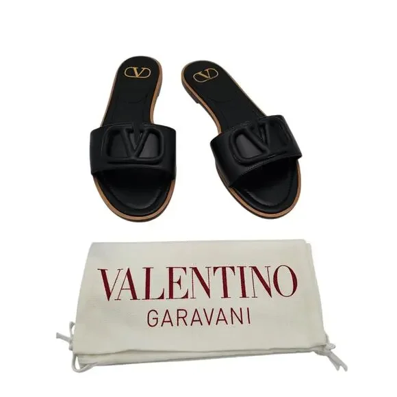 Valentino Garavani VLogo V Logo Flat Slide Sandal Black Leather Size 39 US 9 - Picture 2 of 12
